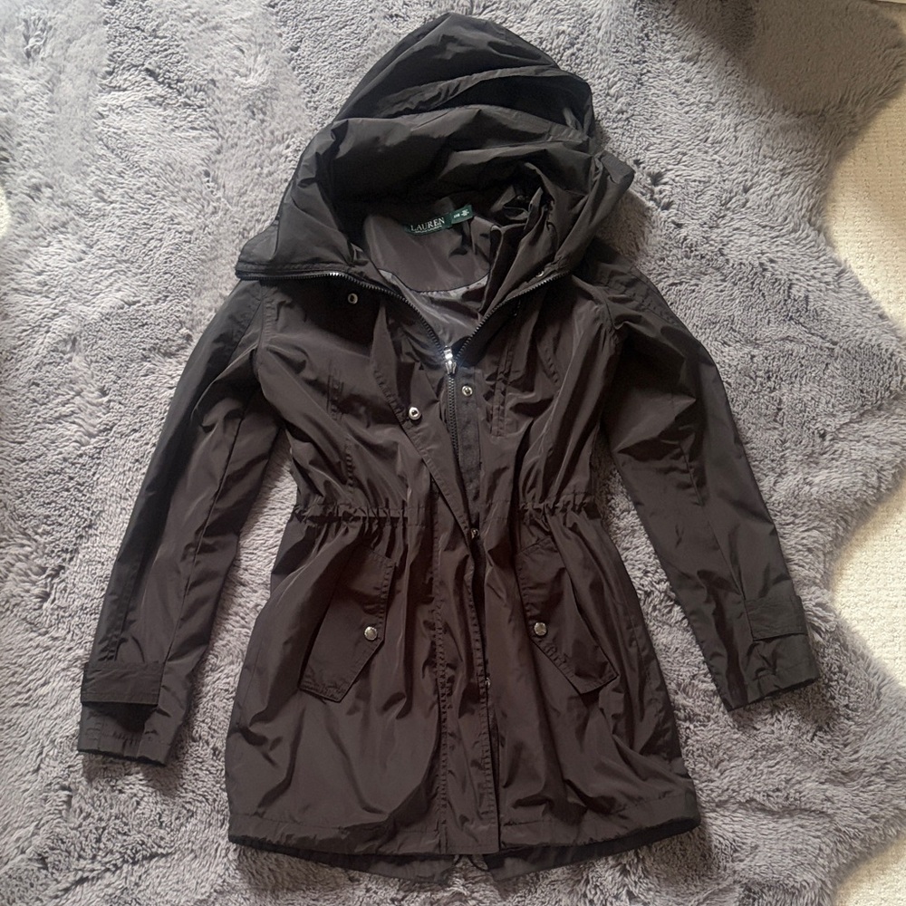 LRL Black Trench Style Lightweight Raincoat with Hood